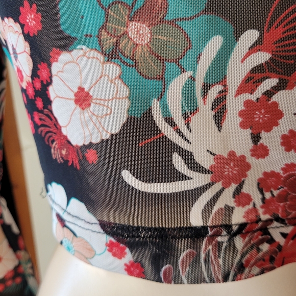 Floral Print Sheer Mesh Long Sleeved Crop Top Small Y2K Tattoo - Picture 7 of 11